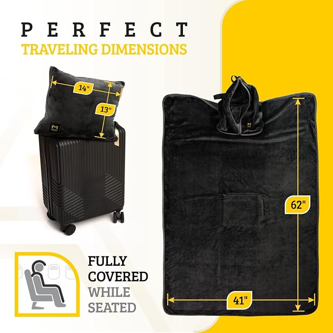 Travel Blanket Airplane Compact with Hoodie – 2in1 Airplane Travel Accessories from Plane Blanket to Travel Pillow with Luggage Strap, Soft Handle & Secure Pocket | 300 GSM fleece airplane blanket; attached hoodie doubles as its storage case | 62 x 41 ... - Image 6