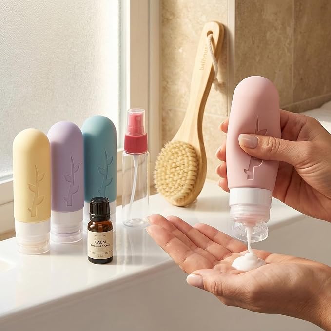 DEPOZA Travel Bottles Kit (16 Pack) - TSA Approved, Leak Proof Silicone Squeezable Containers for Toiletries. Complete Set with Jars, Sprayers & Bag (Light Purple) - Image 2