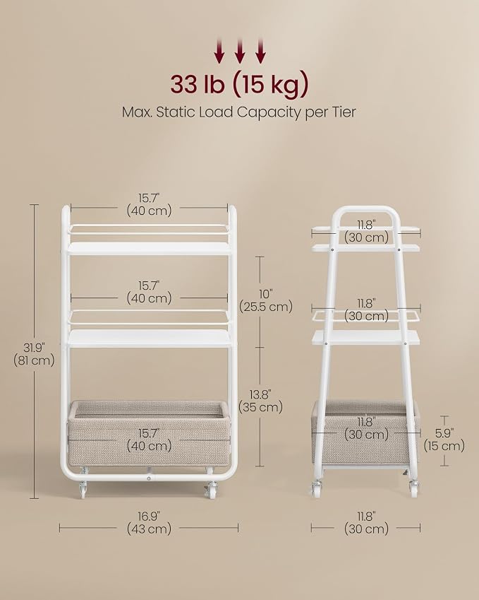 VASAGLE Storage Cart with Fabric Basket, 3-Tier Rolling Utility Cart | Cart with Wheels and Shelves, for Living Room, Bedroom, Kitchen, Cloud White, LILEA Collection ULRC001WB01 - Image 7