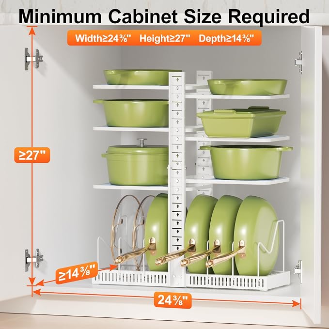 LAMU Pots and Pans Organizer under Cabinet, Pan Pot Organizers inside Cabinet with 6 Shelves and Pot Lid Organizer, Adjustable Height Up to 24", Holds up to 12 Pans, Lightweight Pots, White - Image 2