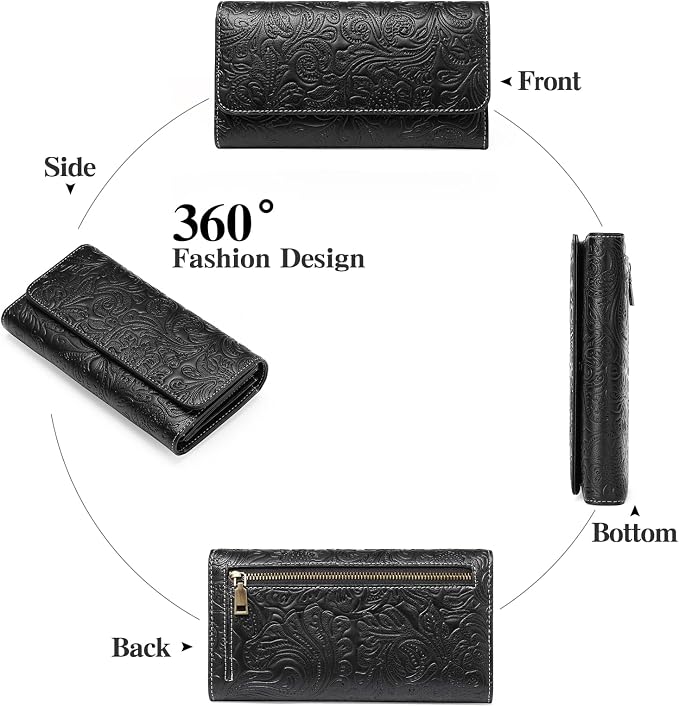 GOIACII Leather Wallets for Women RFID Blocking Western Clutch Black | Embossed Design, Trifold, Large Billfolds, Vintage Flower, Ladies Purses with Zipper Coin Pocket - Image 7