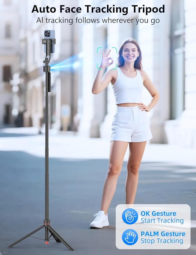 69'' Auto Face Tracking Selfie Stick Tripod Stand, Automatic Phone Tripod, Auto-Open Travel Tripods for iPhone/Cell Phone with Remote, Gesture Control, No App, Built-in AI Camera for Vlog Recording TK - Image 3