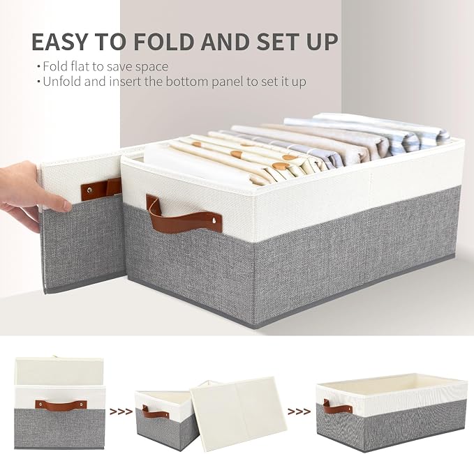 3 Pack Large Capacity Storage Bins Closet Organizer for Shelves | Fabric Closet Storage Baskets Boxes with Leather Handles for Organizing Clothes, Sheets, Jeans, Toys, Books (Grey) - Image 7