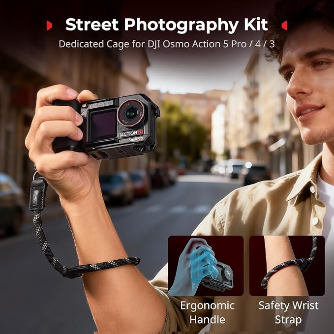 SMALLRIG Handle Grip & Cage Kit for DJI Osmo Action 5 Pro/4/3-5602 | Street Photography Grip with Quick Release & Shutter Button, Cold Shoe, Wrist Strap, 1/4" Thread for Tripod/Selfie Stick - Image 2
