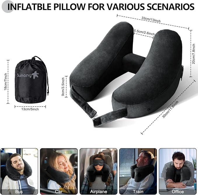 Sunany Travel Neck Pillow for Airplane Pillow Comfortably Supports Head, Neck and Chin, Inflatable Travel Pillow with Soft Velour Cover and Portable Drawstring Bag (Black, H-Shape) - Image 2