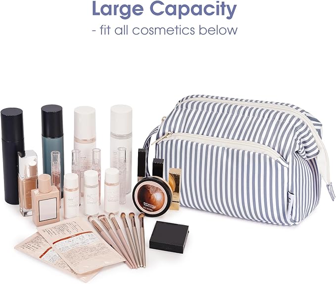 Narwey Striped Wide Open Makeup Bag Women, Travel Toiletry Bag for Women Cosmetic Bag Organizer Make up Bags with Compartments, Gift for Teen Girls (Greyish Blue Stripe) - Image 3
