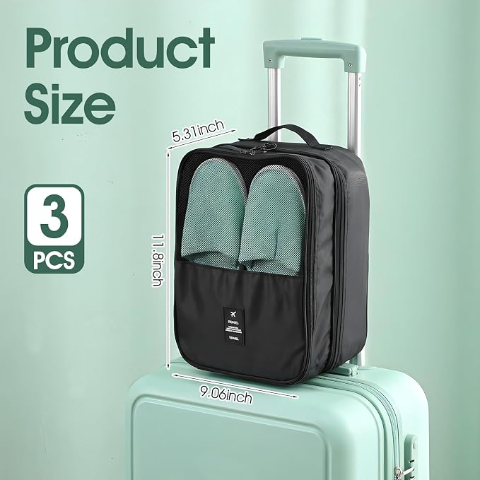 3-Pack Shoe Bags for Travel, Waterproof Shoes Storage Pouch with 3 Layers, Holds 3 Pairs of Shoes, Portable Shoe Organizer for Women & Men (Black) - Image 2