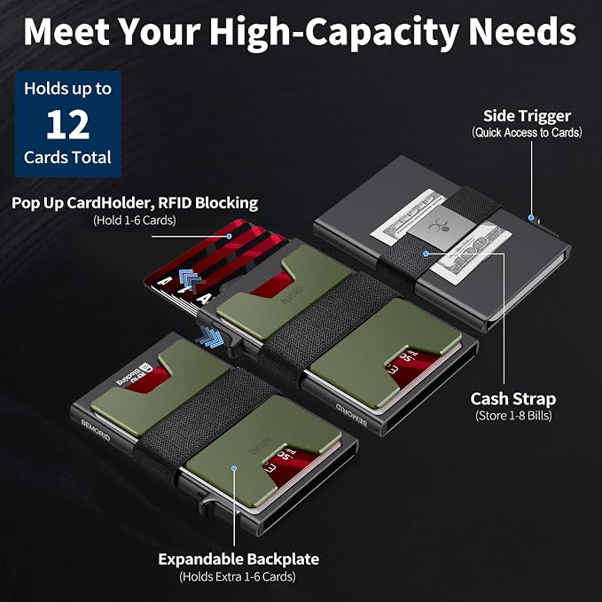 SEMORID Slim Wallet for Men, RFID Blocking Mens Wallets, Minimalist Pop Up Men's Credit Card Holder, Sturdy Metal Card Case with Cash Strap - 12+ Cards Capacity | Durable Expandable Backplate Compact Smart Metal Pop Up Wallet Front Pocket Holds 12+ Car... - Image 2