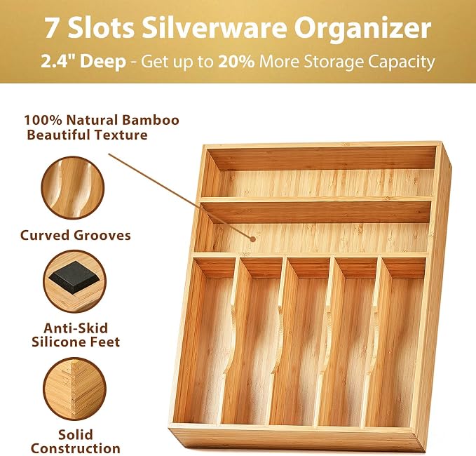 Kitchen Drawer Organizer, 12.5 Inch Silverware Utensil Tray Holder, Extra Deep, with Non-Slip Feet & Grooved Drawer Divider, 7 Slots Total Bamboo Wood Caddy for Flatware Cutlery Knives - Image 2