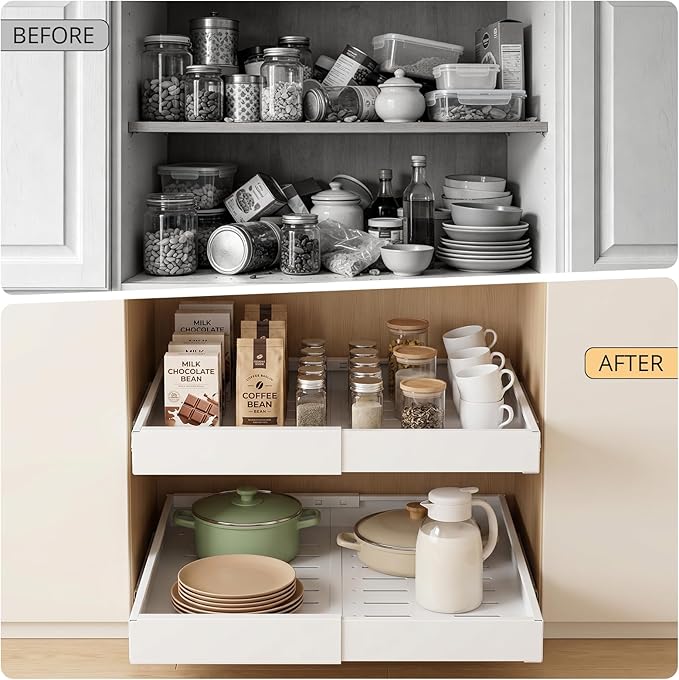 DOMNIU 4 Pack Pull Out Cabinet Organizers Expandable Width (12.4''-20.27'') | Upgrade 3 Slide Rails Sliding Drawer for Kitchen Cabinet Organizer with Adhesive Nano Film, White - Image 4