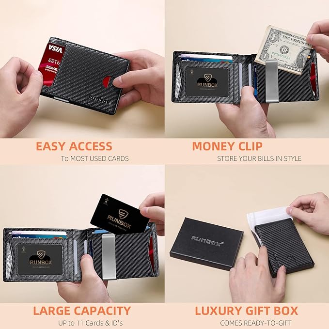 RUNBOX Slim Wallet for Men - RFID Blocking Leather Bifold with Money Clip | Minimalist Front Pocket Wallet Holds 11 Cards,Slim Thin Design,RFID Blocking Protection, Practical Birthday Gifts for Men - Image 2