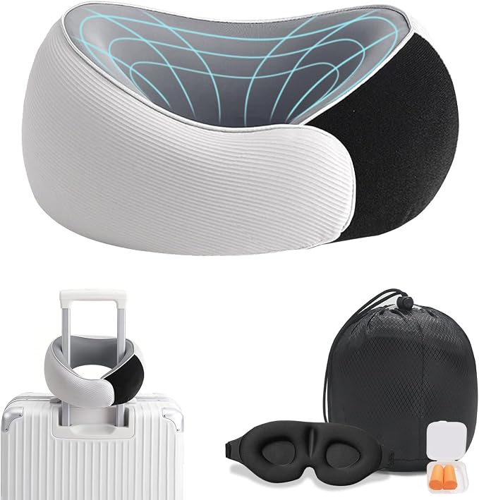 Travel Pillows, 100% Pure Memory Foam Neck Pillow for Airplanes, 360° Head Support, Ergonomic Design, with 3D Eye Mask, Earplugs and Storage Pouch, Airport Travel Essentials for Office, Airplane, Car by Unknown