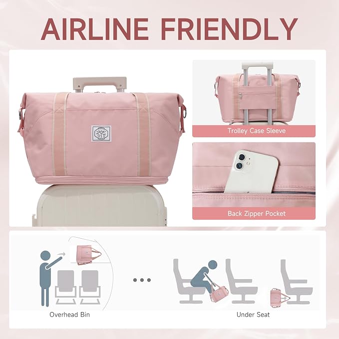 WALNEW Travel Duffel Bag, Weekender Overnight Bag for Women, Pink | Carry On Bag, Foldable Waterproof Gym Luggage with Metal Buckle Detachable Shoulder Strap and Wet Compartment - Image 4