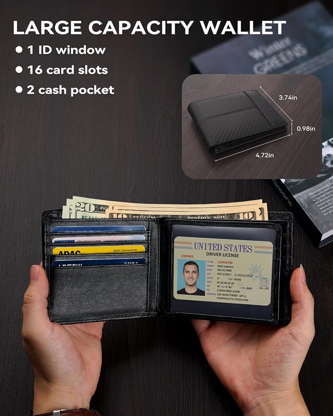 Swallowmall Mens Wallet Rfid Blocking Leather Wallet for Men Bifold Wallets with 1 ID Window 16 Card Slot Blackstripe - Image 3