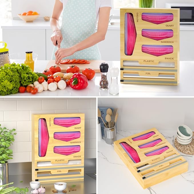 DALSHABET Bamboo Bag Organizer with Magnetic Closure, 6 In 1 Kitchen Drawer Foil and Plastic Wrap Dispenser with Cutter, Storage bag for Gallon, Quart, Sandwich, Snack Beige - Image 7