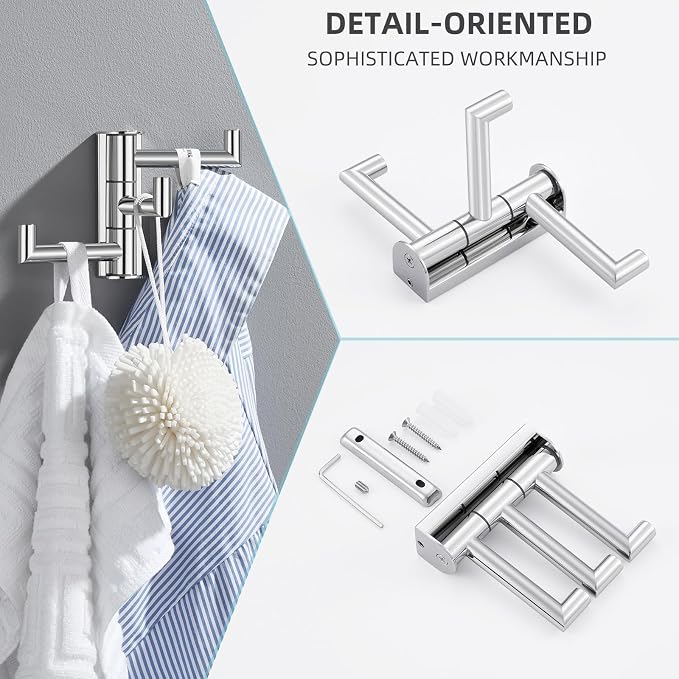 Angle Simple Swivel Towel Hook 3 Arms, Robe Coat Wall Hook, Polished Chrome | Rustproof SUS304 Stainless Steel Hand Towel Holder, Foldable Space Saver for Bathroom Kitchen Closet Entryway, Screws Mounted - Image 9