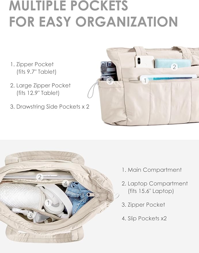 Tote Bag for Women, Lightweight Large Puffer Bag, Quilted Shoulder Purses Handbags for Travel Work - Image 6