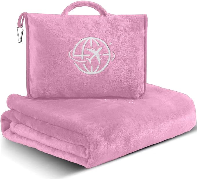 2-in-1 Travel Blanket and Pillow – Lightweight, Compact, Ultra Soft, Machine Washable – Handle, Luggage Sleeve, Backpack Clip – for Trave Airplane, Car, Office (light pink) by Unknown