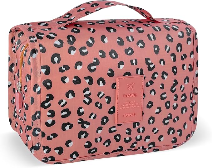 Lcsmaokin Large Capacity Toiletry Bag Travel Bag with Hanging Hook for Men and Women Waterproof Travel Cosmetic Bag Bathroom Storage Bag for Brushes Set,Full-Sized Shampoo,Accessories-Pink Leopard by Lcsmaokin