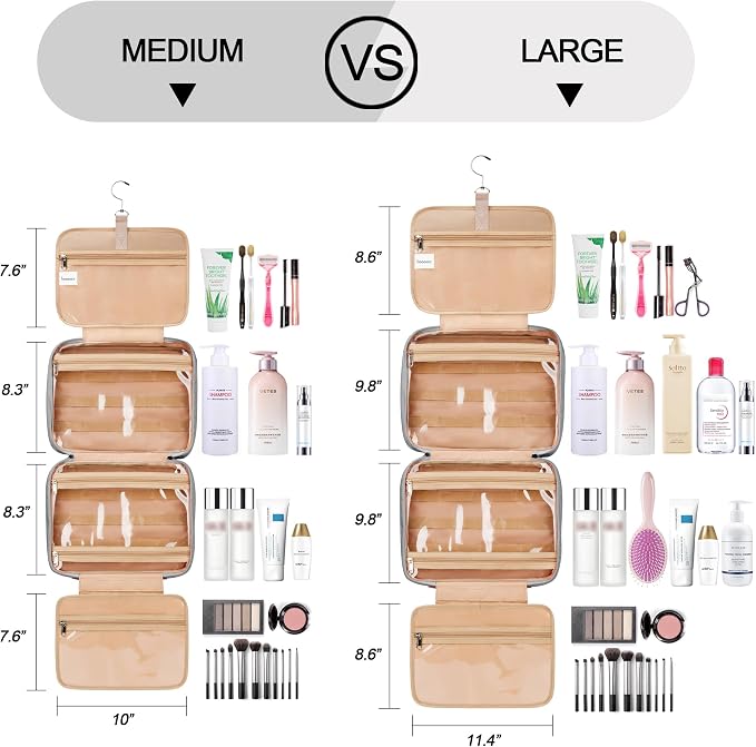 Travel Hanging Toiletry Bag for Women, Large Makeup Bag 8 Leak Proofing Silicone Bottle Covers, Waterproof Cosmetic Bag with Jewelry Organizer Compartment, Toiletries Kit Set, Grey - Image 2