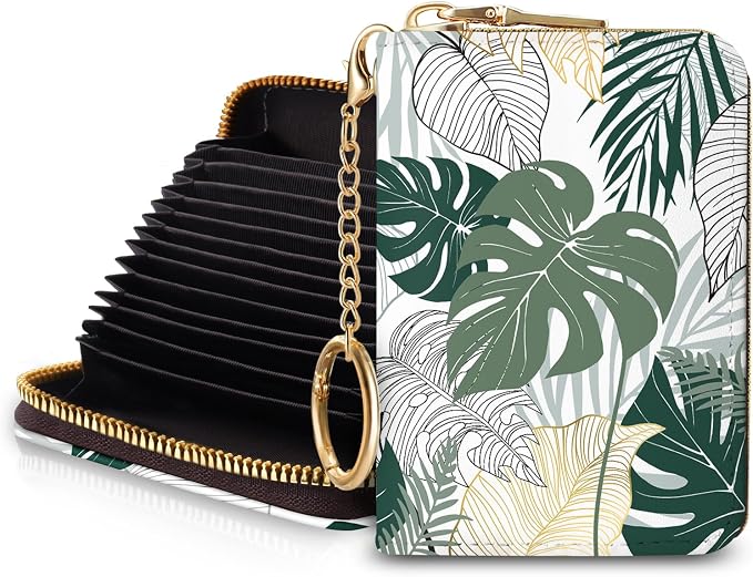 Blusabaca RFID Credit Card Holder Small Women Travel Wallet, Tropical Leaf | Removable Keychain, Case with Zipper, Vegan PU Leather, Cash Coin Pocket, Business Accordion Purse, Ladies Female Gift by Blusabaca
