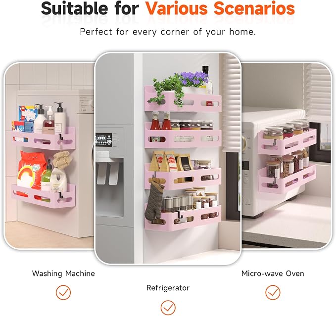 4-Pack Magnetic Spice Rack for Refrigerator with Hooks, Pink | Strong multipurpose magnetic shelf for kitchen & bathroom organization. Includes 4 removable hooks for hanging items. - Image 6