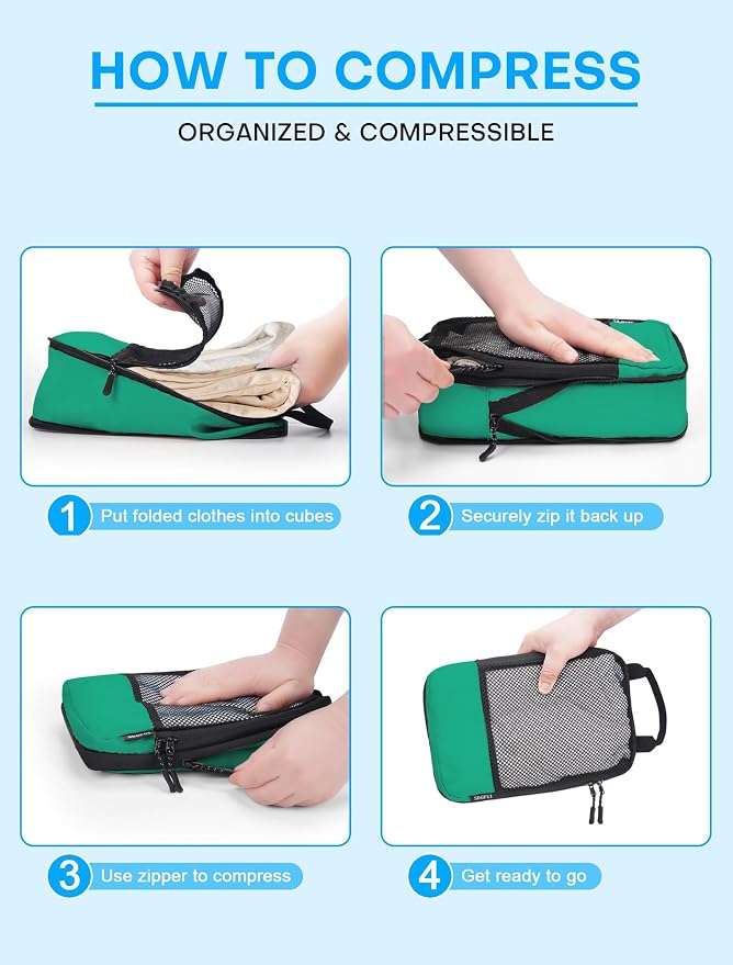 4 PCS Set Compression Packing Cubes for Travel, Lightweight Packaging Organizer Bags for Carry On Space Saving, Travel Essentials Cubes for Suitcase Backpack, Green - Image 3