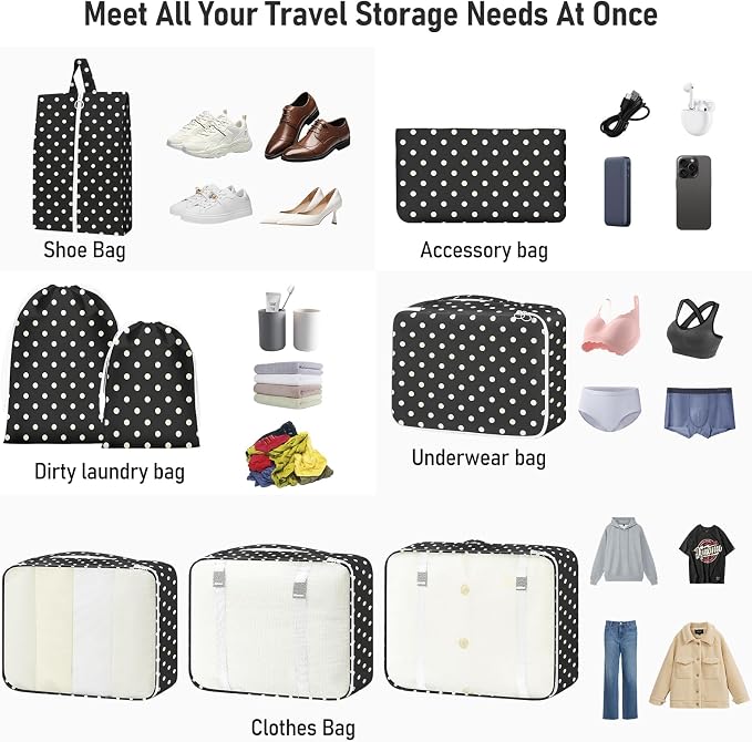 Packing Cubes for Travel - 8 Set Luggage Organizer Bags for Family, Mesh Breathable Packing Cubes for Suitcases Durable Travel Essentials Bags Set (White Polka Dots) - Image 5
