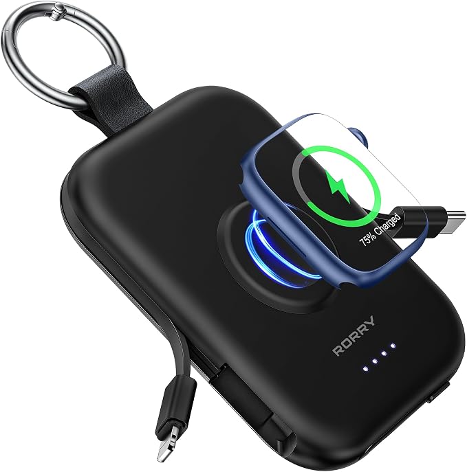 RORRY CharmGo Portable Charger, 5000mAh Portable Charger Power Bank | Built-in Cables,Travel Keychain Battery Pack Essentions for Apple Watch 1~11 Series/Ultra/SE & iPhone Air/17/16/15/14/13/12 by RORRY
