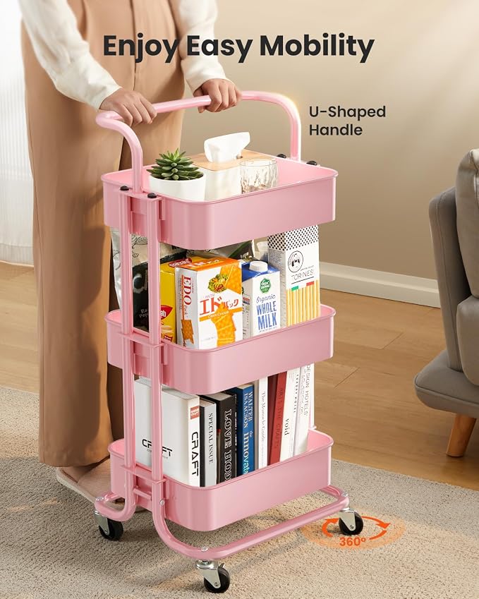 Pipishell Metal 3 Tier Rolling Cart with Handle & 2 Lockable Wheels, Pink | Four Large 2" Wheels for Easy Motion, Sturdy Metal, Hold 22 lbs per Shelf, Ideal for Nursery Room, Living Room, Painting Room - Image 4