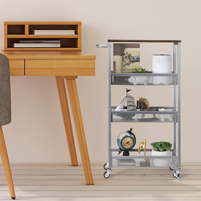 Slim Storage Cart, Metal Narrow Rolling Storage Cart for Kitchen, Silver | Wooden Top, Metal Handle, on Wheels, Shelving Unit for Small Space, Easy to Install. - Image 5