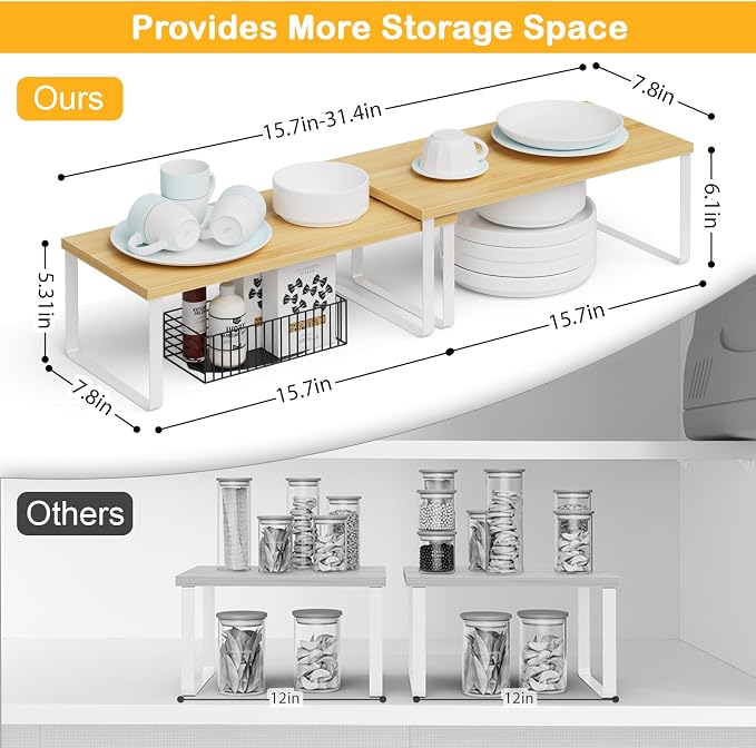 OGEMXU Cabinet Shelf Organizers, 15.7 inches Large Kitchen Counter Shelf, Set of 4 Wood Kitchen Pantry Organizer, Storage Shelves for Countertop, Spice Rack, Stackable, Expandable, Metal White, Nature - Image 2