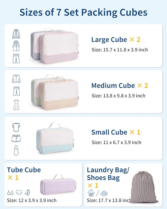 Narwey 7 Set Striped Packing Cubes for Travel Carry on Suitcase Luggage Organizer Bags for Kids Women Men, Durable Packing Organizers Bag, Travel Essentials Accessories (Stripe Combined) - Image 2