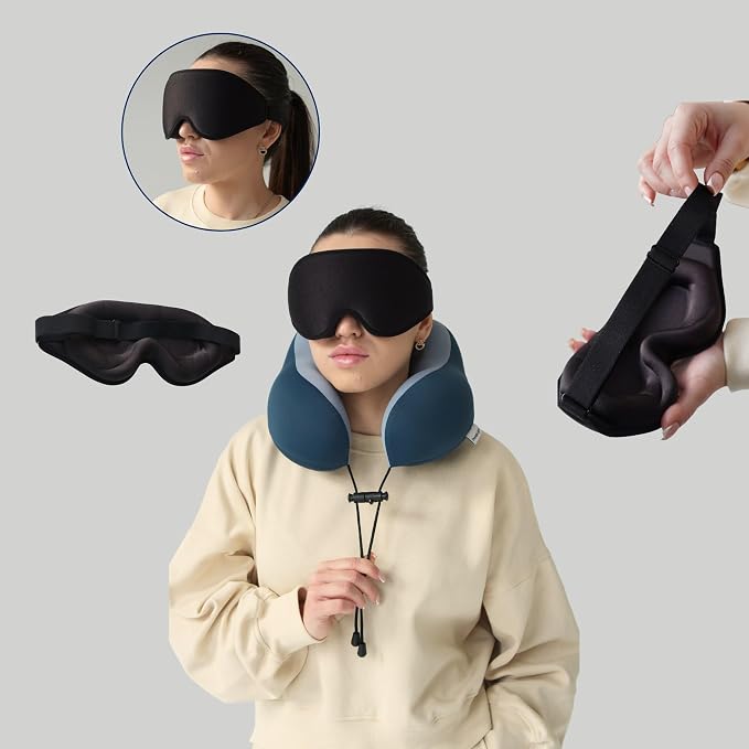 Travel Pillow Set – Memory Foam Neck Pillow with 3D Eye Mask & Carrying Case, Travel Essentials for Airplanes, Road Trips & Trains - Image 5