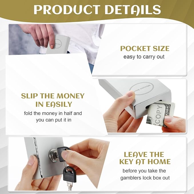 Reallnaive 1 Pack Metal Box for Gamblers Pocket Sized Winner Bank Casino Cash Box with 2 Keys Portable Casino Money Safe strongbox for Cash Saving Go Home Money Gifts(Gray,Classic) - Image 5