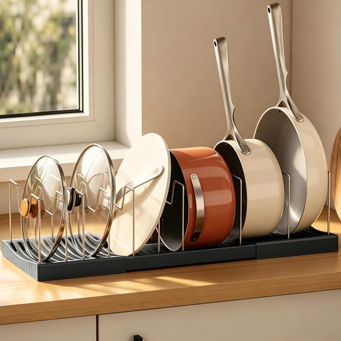 Magheo Pots and Pans Organizer Under Cabinet, Expandable 12.6"-22.8" Kitchen Cabinet Organizer Holder with 10 Adjustable Dividers for Food Storage Container Lid, Cookie Sheet, Cookware(1 Pack, Black) by MAGHEO