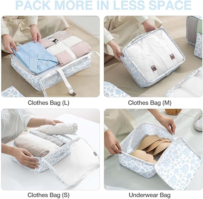 8 Set Packing Cubes for Suitcases,Packing Cube with Shoe, Cosmetics, Clothing, and Accessories Bags Packing Cubes for Travel Luggage Organizer Women Men(Blue Flowers) - Image 4