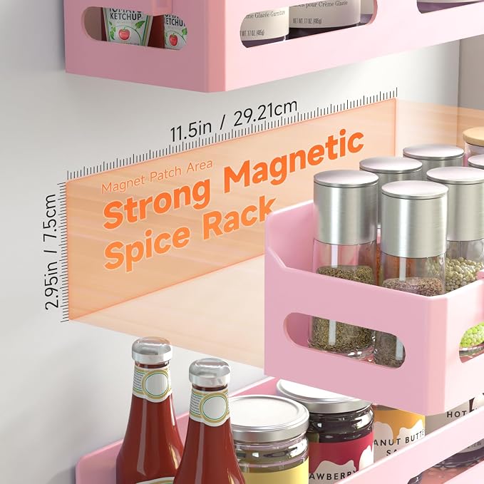4-Pack Magnetic Spice Rack for Refrigerator with Hooks, Pink | Strong multipurpose magnetic shelf for kitchen & bathroom organization. Includes 4 removable hooks for hanging items. - Image 2