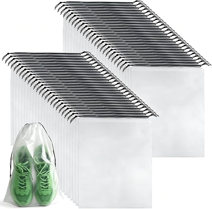 50 Pcs Shoe Bags for Travel，PLULON 15.7" x 11.8" Clear Drawstring Storage Plastic Bags Shoes Organizer for Packing Waterproof Dustproof Women Men Portable Travel Essentials by PLULON