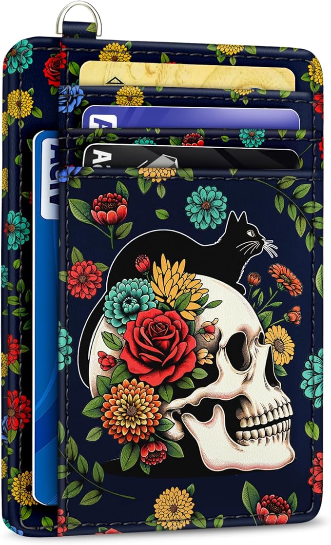 Yonlevres Cat Skull Credit Card Holder Slim RFID Wallet Women Small Travel | Front Pocket, Handy, RFID Blocking, Woman Girls Ladies Gifts, D-ring for Keychain,Thin Mini Card Case, ID Window, PU Leather by Yonlevres