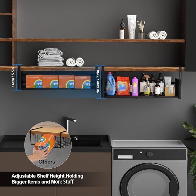 AmonHouseware 2Pack Expandable Under Shelf Storage Basket Organizer,Black | Adjustable Hanging,Length Stretchable14.9-22.6Inch,Under Cabinet Shelf for Laundry Room Kitchen Pantry Desk Counter Cupboard - Image 4
