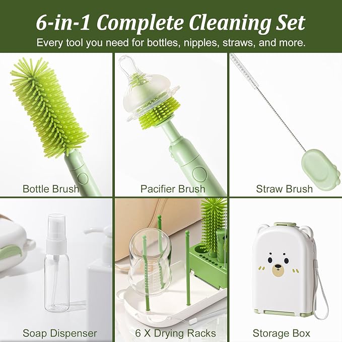 Travel Baby Bottle Cleaner Kit, 6-in-1 Brush Set for Bottles & Pumps | Compact Bottle Brush Set for Infant Feeding • Compact Travel Case • Bottles & Breast Pump Parts • BPA Free • On-the-Go - Image 4
