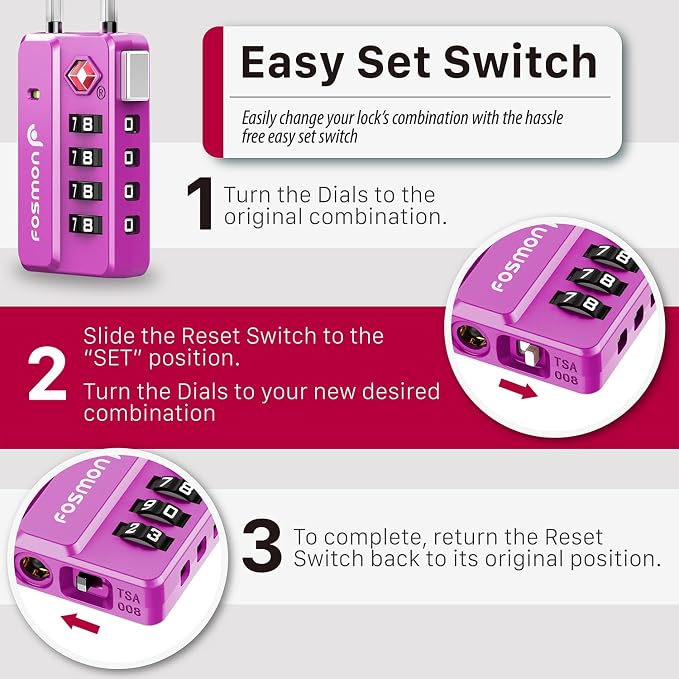 Fosmon TSA Approved Luggage Locks, 4 Digit Combination Cable Travel Lock for Suitcase & Backpack, Heavy Duty Metal Body Padlock with Open Alert Indicator (Purple, 2 Pack) - Image 5