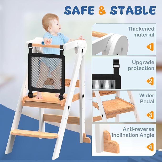 Foldable Toddler Tower, 3 Adjustable Height, Toddler Kitchen Stool Helper | Wooden Standing Tower with Safety Net ,Safety Feet,for Kitchen, Bathroom, Study Room,Offer Customer Service - Image 4