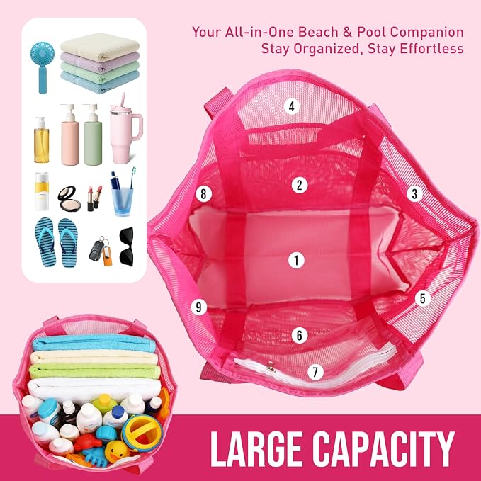 Large Mesh Beach Tote Bag, 9-Pocket Foldable Summer Vacation Beach Bag for Travel, Pool, Gym, Cruise - Image 5