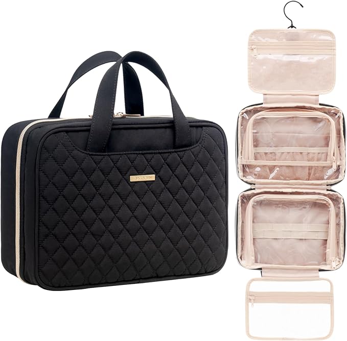 Everfun Travel Toiletry Bag with Hanging Hook and Leakproof Wet/Dry Compartments, Large Capacity Makeup Cosmetic Organizer for Women, 11x7.75x4.5 Inch, Black by EVERFUN