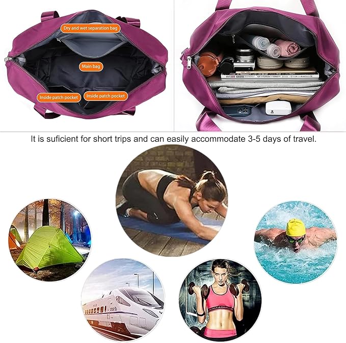 Large Capacity Folding Travel Bag, Lightweight Waterproof Luggage Bag, Expandable Travel Duffel Bag, Dry Wet Separated Gym Tote Bag, Weekender Overnight Bags for Women and Man (Fuchsia) - Image 7
