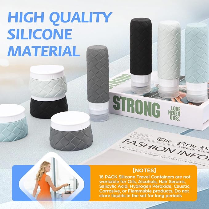 16 Pack Travel Bottles for Toiletries, TSA Approved Travel Size Toiletries Containers Set, BPA-Free Silicone Leak Proof Refillable Bottles Stackable Creams Jars Accessories Kit W/Clear Bag(Gray) - Image 6