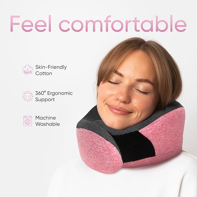Travel Pillow, 100% Pure Memory Foam Airplane Neck Pillow, Pink | Long Flight Travel Kit with 3D Contoured Eye Masks, Earplugs and Luxury Bag, Updated Material Plane Sleeping Support - Image 2