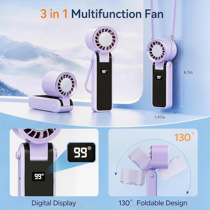 QearFun Portable Handheld Fan With Ice Cooling, 3-In-1 Rechargeable Personal Fan, 5-Speed Settings (1–199), Compact Pocket Fan Ideal For Travel, Outdoor Activities, Home, And Office (purple) - Image 2